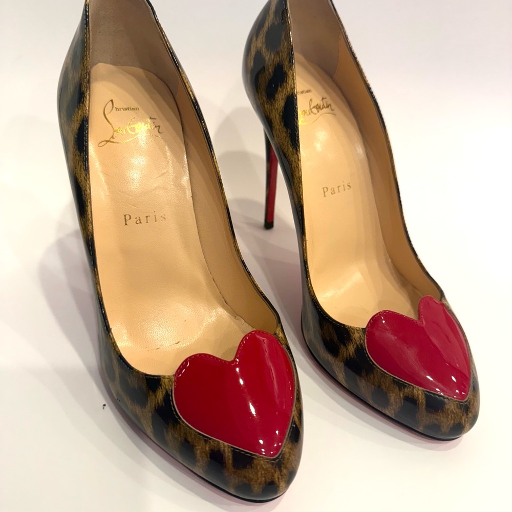 Christian Louboutin Leopard Print Heels with Red Heart 37 1/2 - Picture 2 of 9